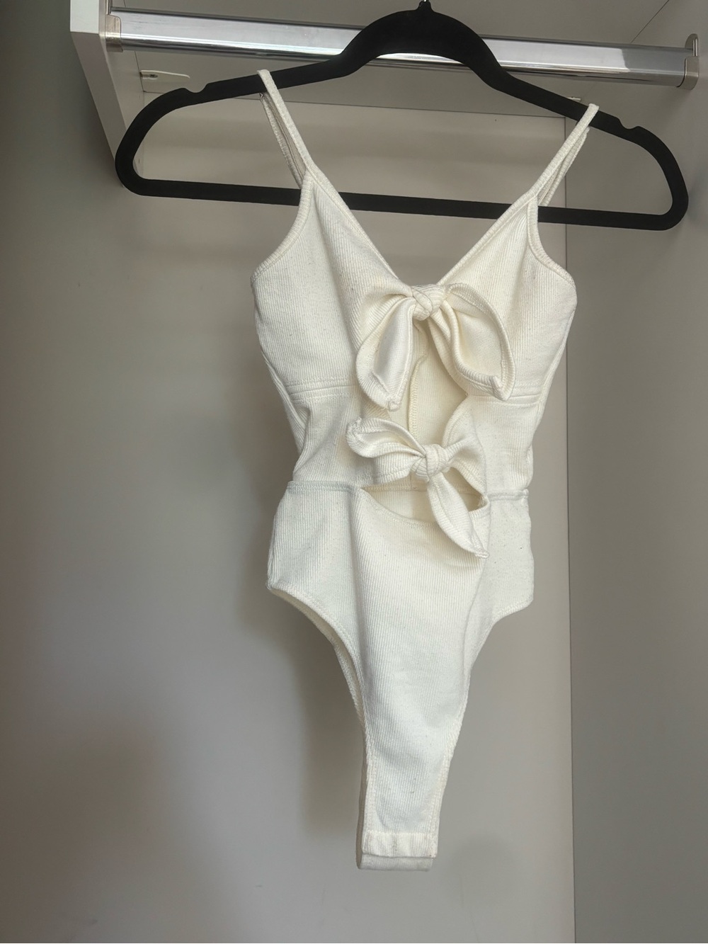 White Cream Ribbed Bow Tie Front Bodysuit